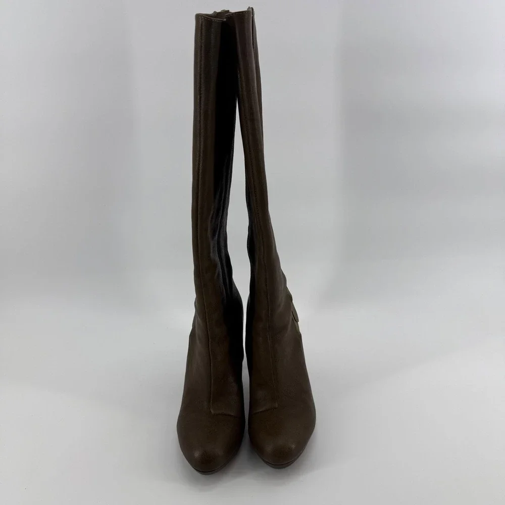 TSUBO Knee High Boots Womens 7 Tarian Olive Green Leather Side‎ Zip Block Heel